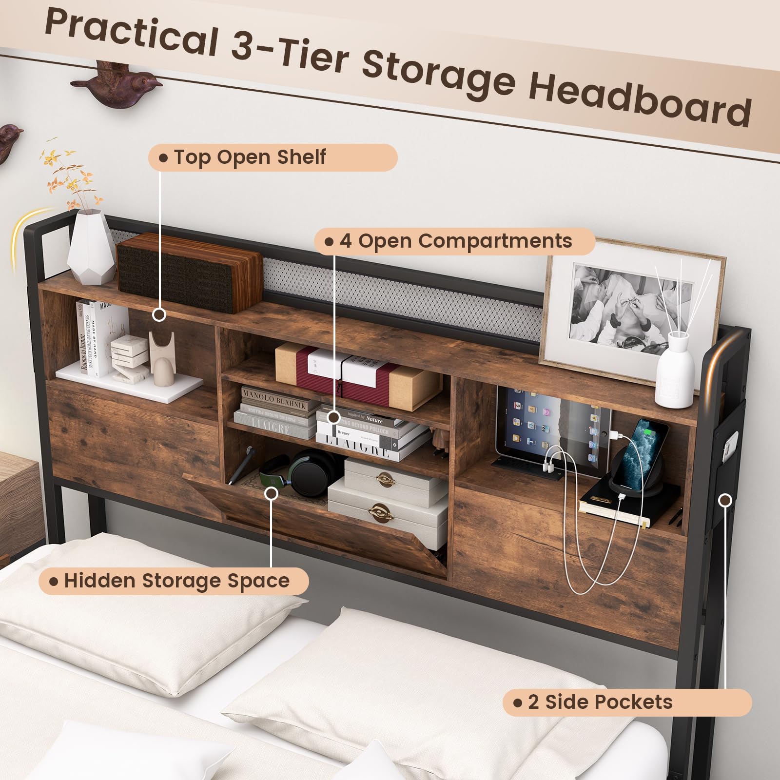 Giantex Queen Bed Frame with 4 Storage Drawers and Bookcase Headboard, Industrial Bed Frame with Charging Station, Heavy Duty Slats Support, No Box Spring Needed, Metal Queen Platform Bed with Storage