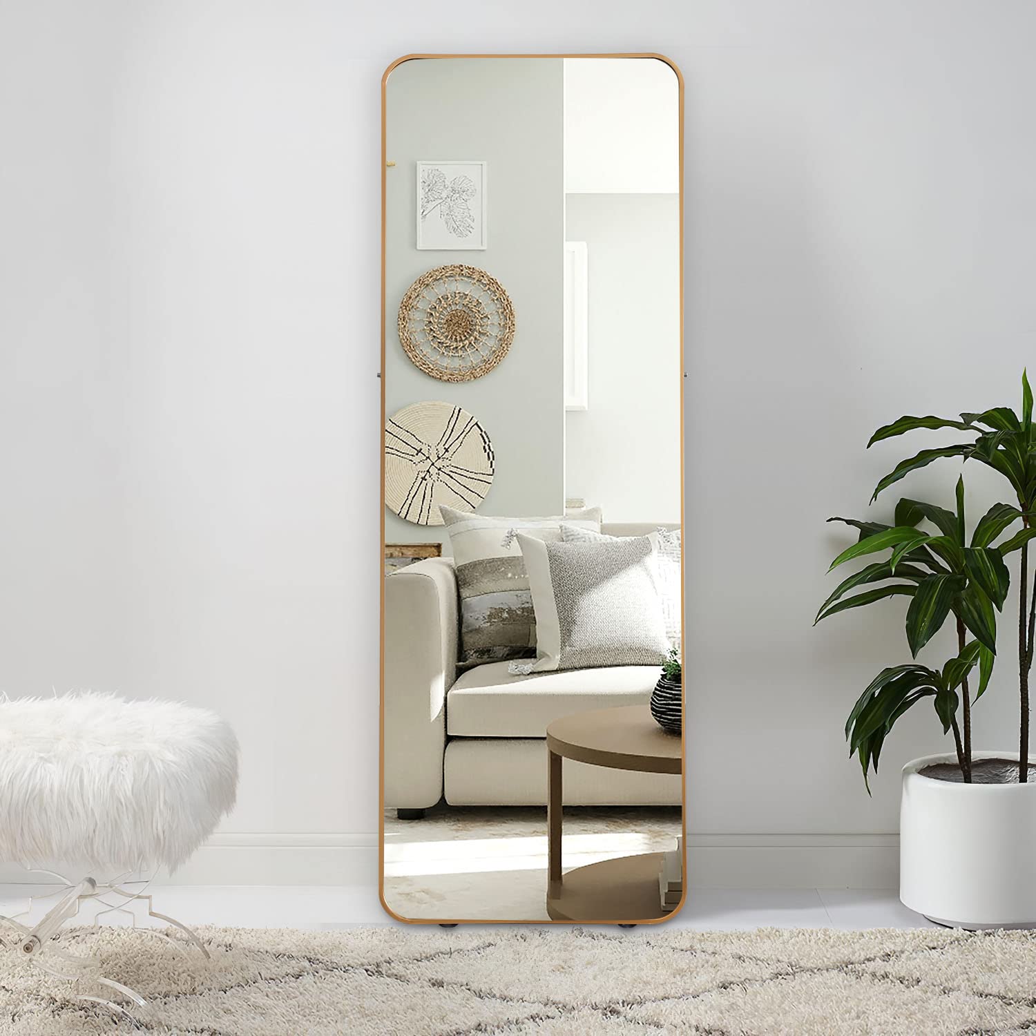 Full Length Floor Mirror 65x22 - Gold Rounded Corner Standing Wall Mount