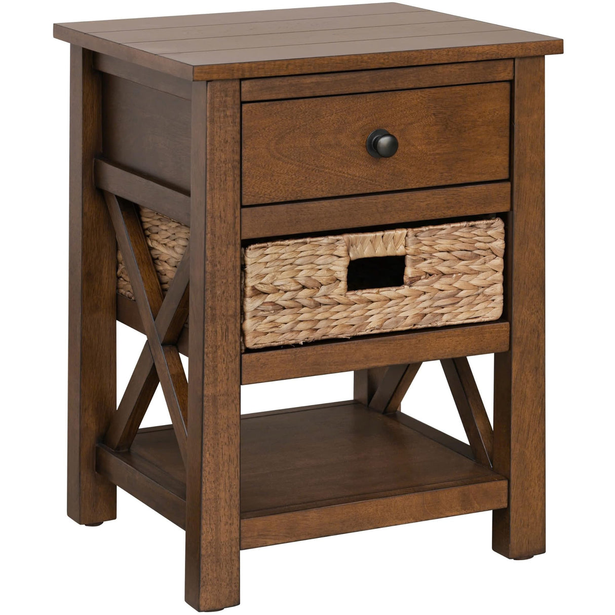 X-Side Nightstand End Table Side Table with Drawer, 2 Storage Shelves and Wicker Basket