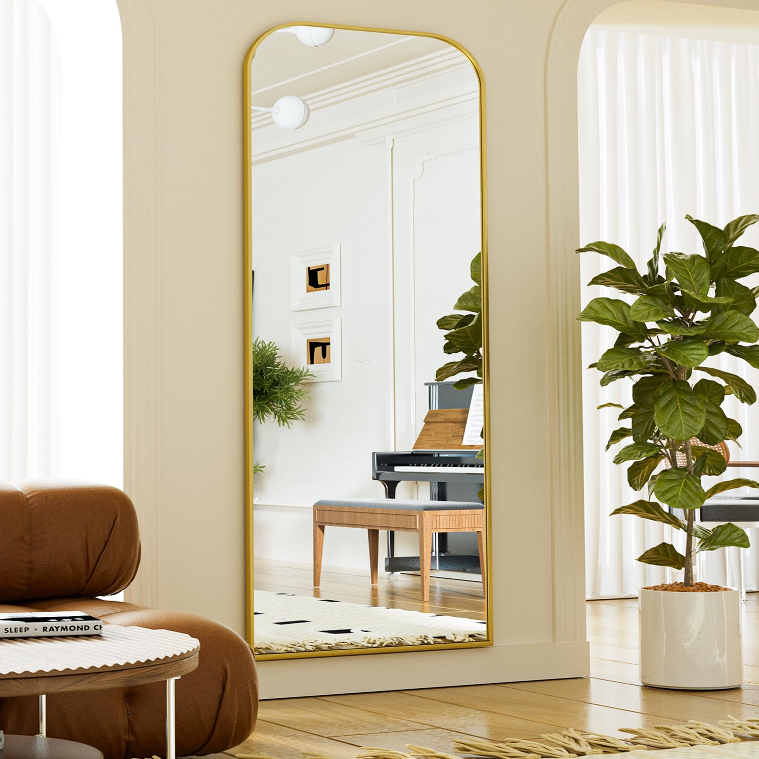 26x71 inch Gold Full Length Mirror, Rounded Top Corners Full Body Mirror with Stand,