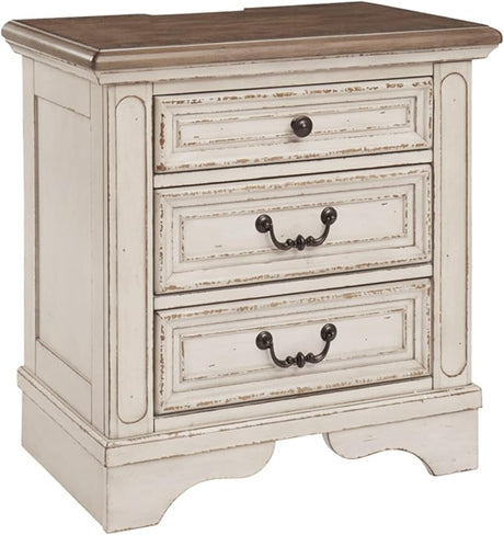 Realyn French Country 3 Drawer Nightstand with Electrical Outlets & USB Ports