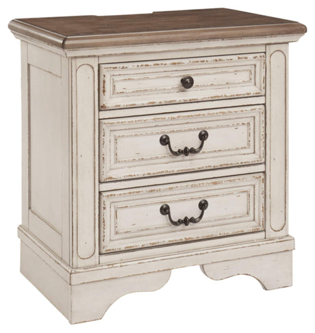 Signature Design by Ashley Realyn French Country 3 Drawer Nightstand with Electrical Outlets & USB Ports, 27.75" Tall, Chipped White