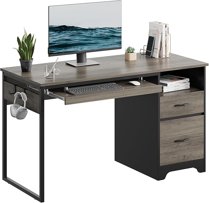 Computer Desk with Drawers, Office Desk with Storage, Industrial Wood Writing Desk