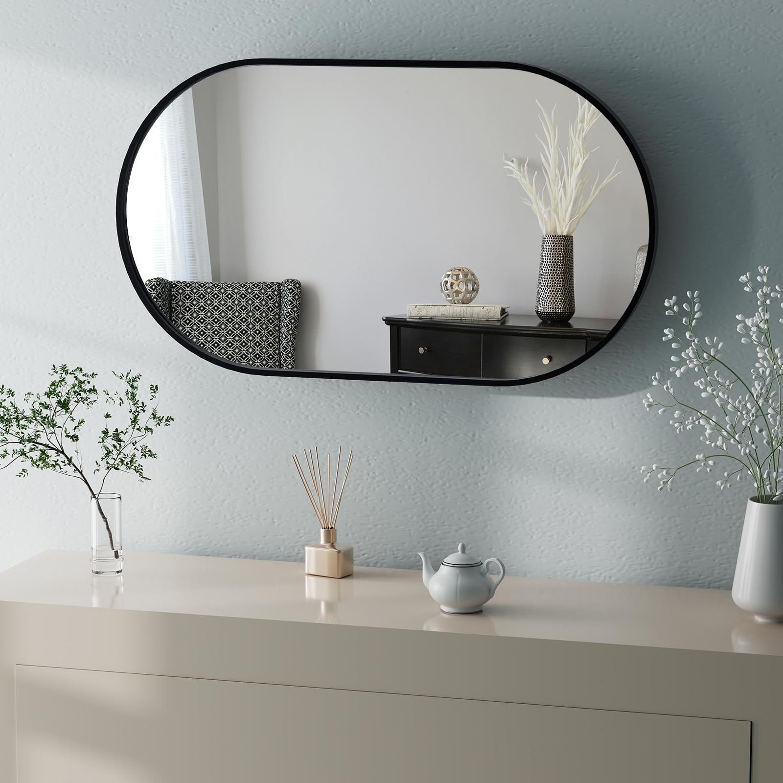 32" x 20" Black Oval Wall Mirror with Extendable Swivel Arm