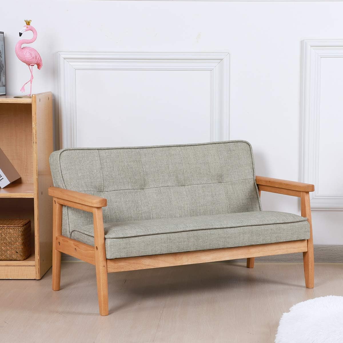 Double Seater Kid Sofa Chair, Kid Couch with Solid Wood Arm and Linen Pattern PVC for Kids Rest