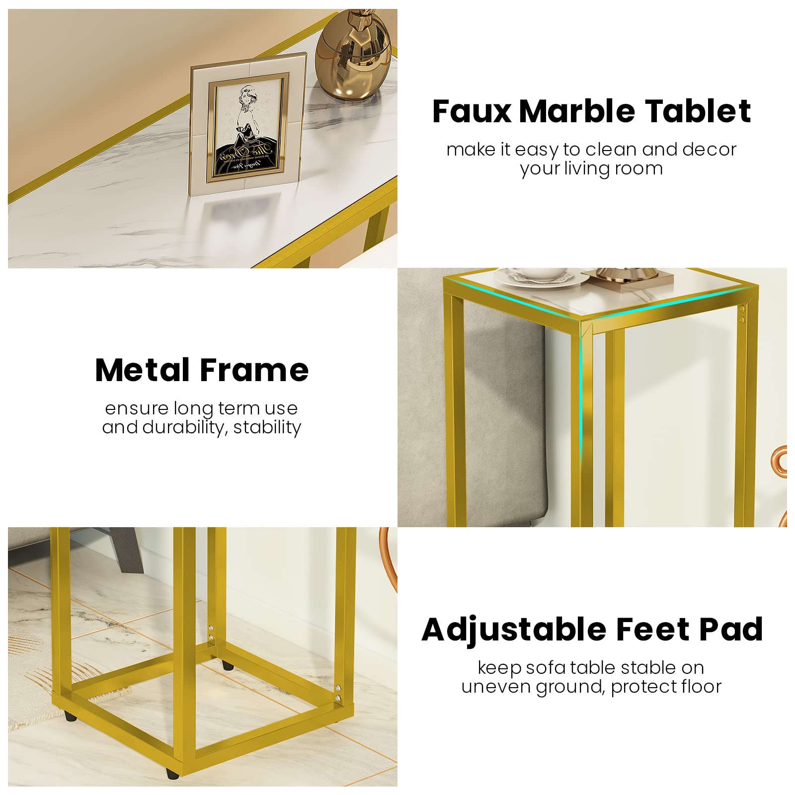 Table Sets 3 Pieces, Faux Marble Console Table Set Include 2 Accent Side Tables