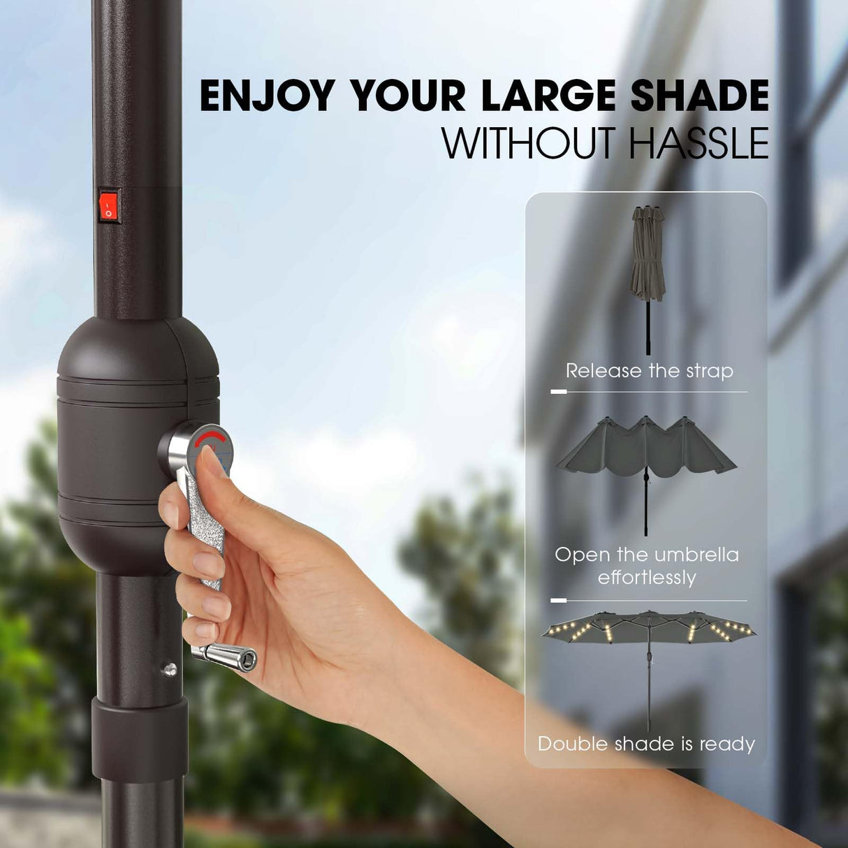 15FT Solar LED Patio Umbrella with Base,Outdoor Double-Sided Umbrella