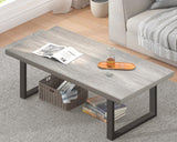 Grey Coffee Table, Wood Metal Coffee Table for Living Room, Farmhouse Minimalist Rustic