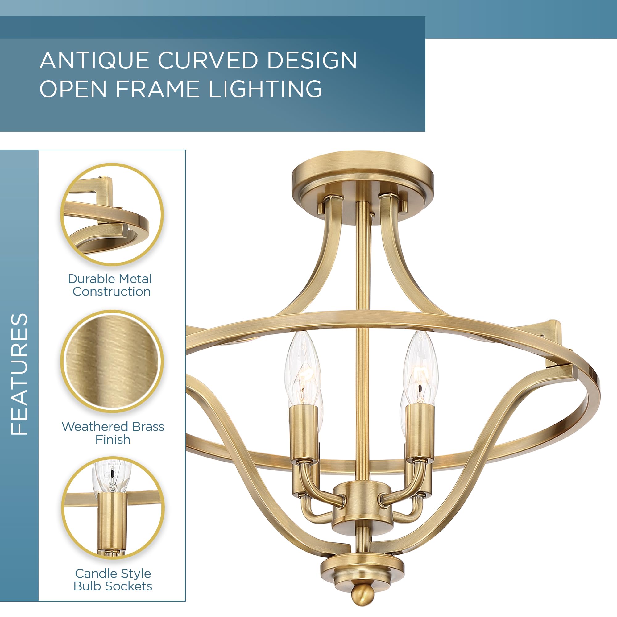 Harvel Semi-Flush Mount Ceiling Light - 16 Inch 4-Light Weathered Brass Chandelier