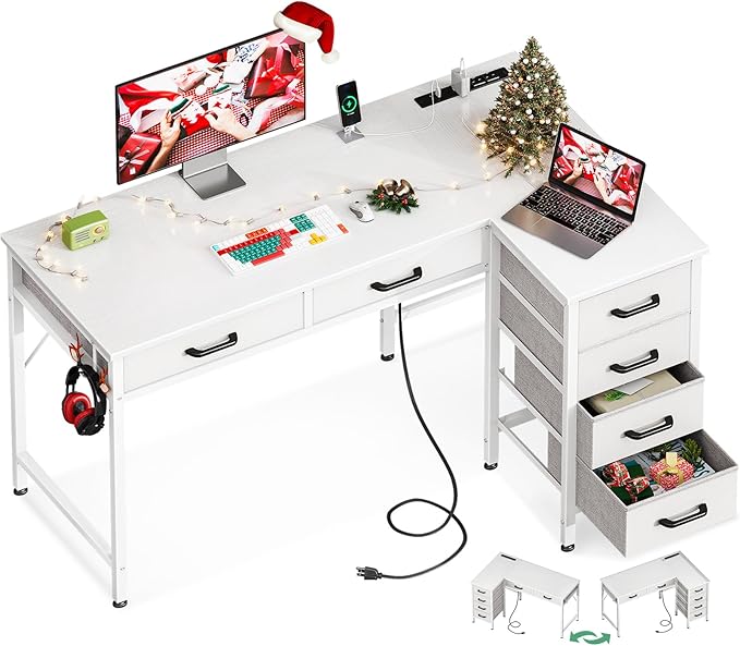50 Inch L Shaped Desk with Drawers, Computer Desk with Power Outlets