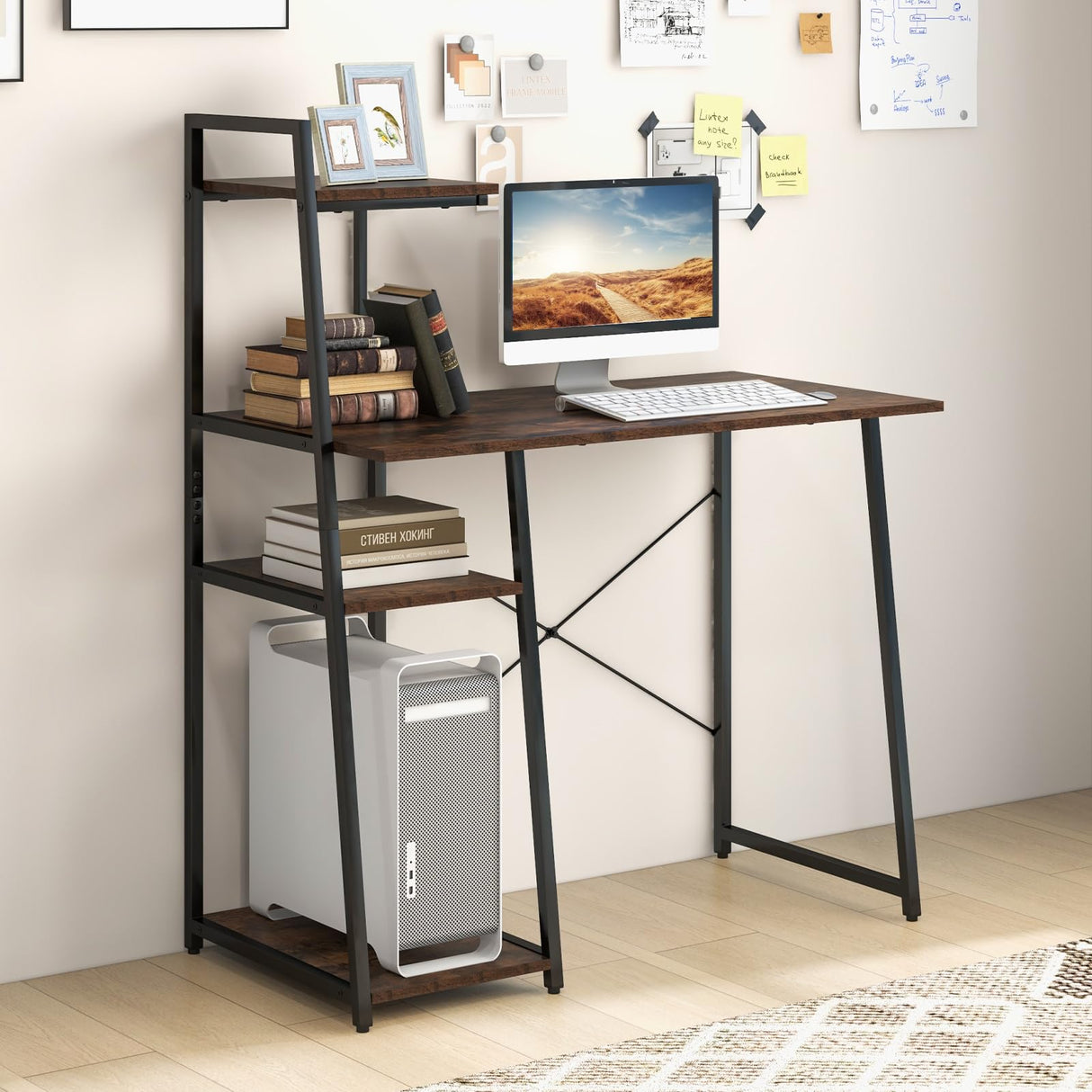 COSTWAY Computer Desk with 4-Tier Storage Shelves, Home Office Desk Writing Table with Sturdy X-Shape Frame, Adjustable Foot Pads, Modern Simple Style Small Study Desk, Wide Tabletop (Brown and Black)