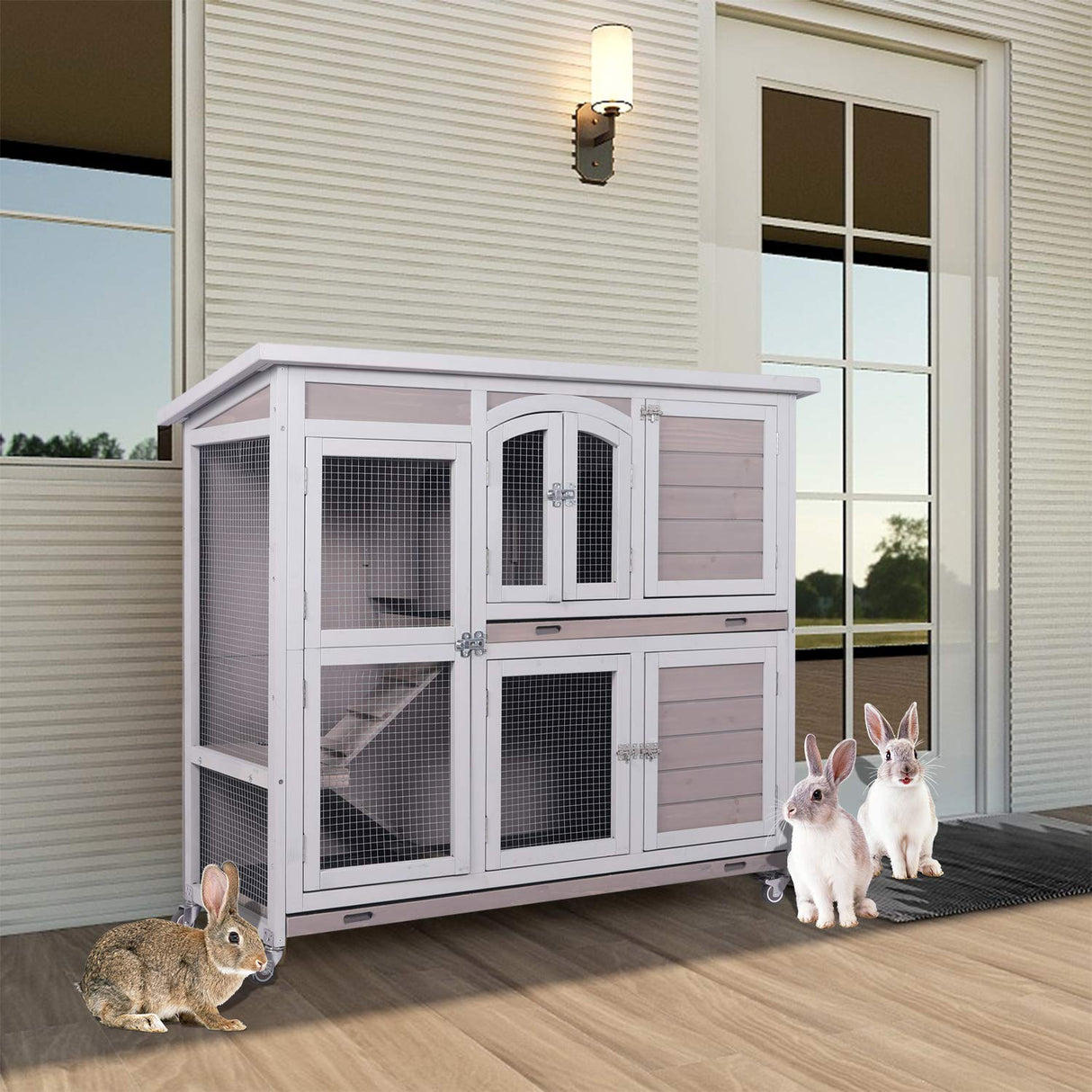 Rabbit Cage Indoor Outdoor Rabbit Hutch on Wheels Wooden Bunny Cage 2-Story