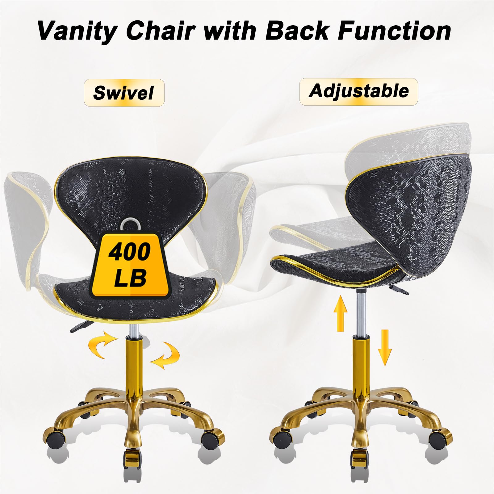 Armless Office Chair with Wheels - Height Adjustable Vanity Desk Stool