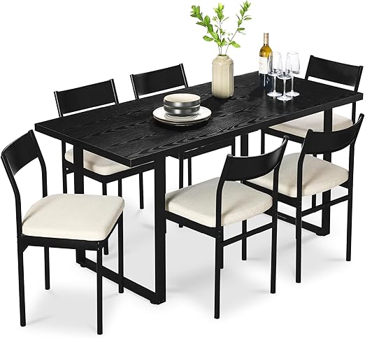7-Piece Modern Dining Set - Metal Table & 6 Upholstered Chairs