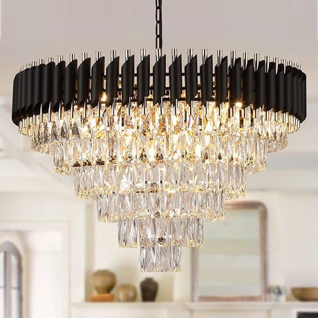 Modern Rectangular Chandelier Black and Gold Crystal Chandeliers for Dining Room