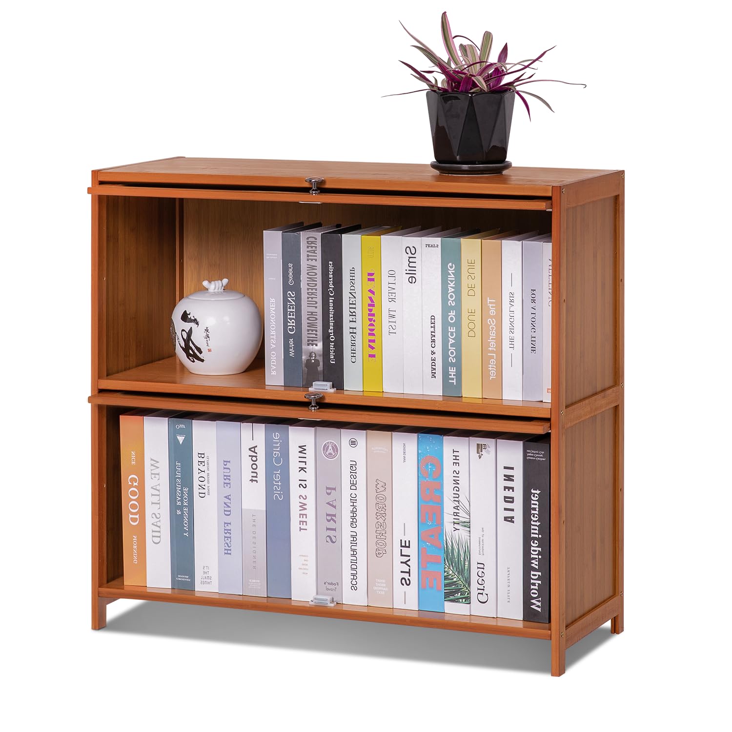 SFIHOME 29" H Bamboo Bookcase with Flip-Up Doors, 2 Tier Free Standing Book Shelf Storage Cabinet, Corner Bookshelf Organizer Units Save Space for Living Room Office Home, Brown