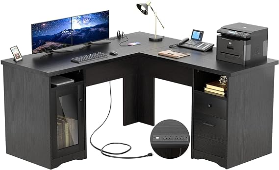 L Shaped Desk with Drawers, 60 Inch Corner Computer Desks with USB Charging Port