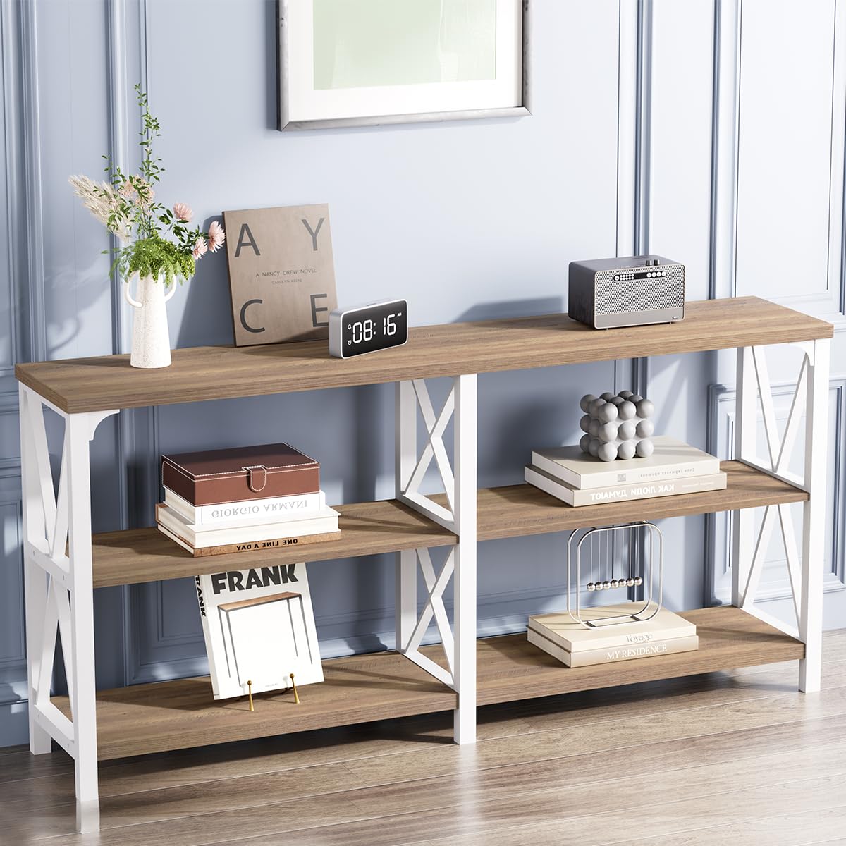 Farmhouse Entryway Table, Wood TV Console Table, Long Rustic Metal Sofa Table