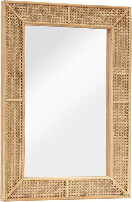 Wooden and Rattan Mirrors, Boho Rectangle Wall Mirror for Living Room