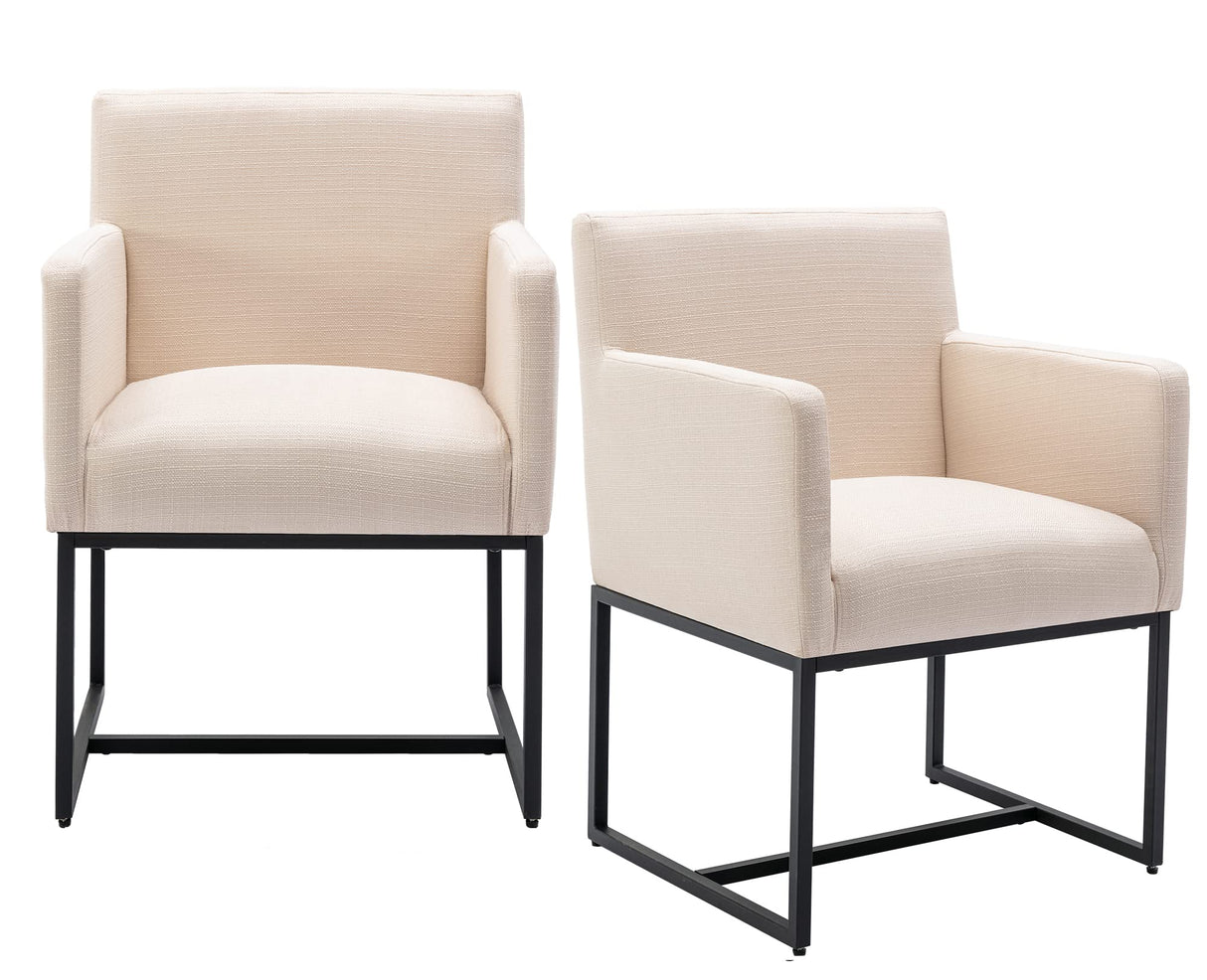 Linen Upholstered Dining Chairs with Arms Set of 2, Mid Century Modern Padded Kitchen Chairs