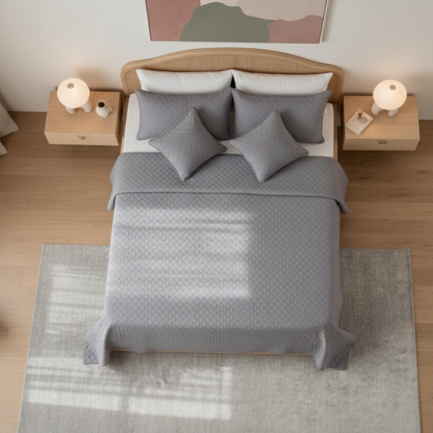5-Piece Grey Quilted Bedspread Set - Queen Size Diamond Stitch Coverlet
