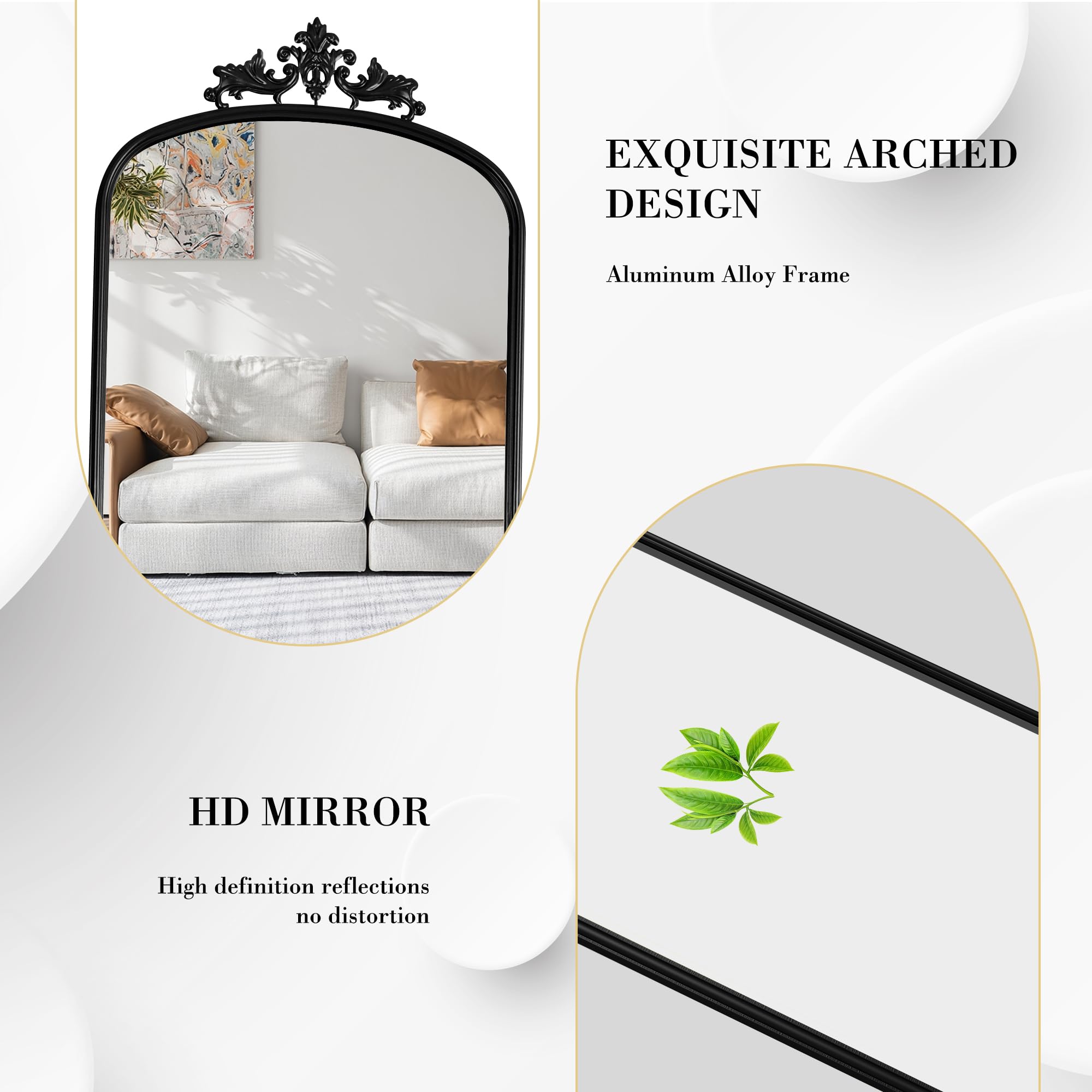 Arched Full Length Floor Mirror 65" x 21" - Black Metal Frame with Stand