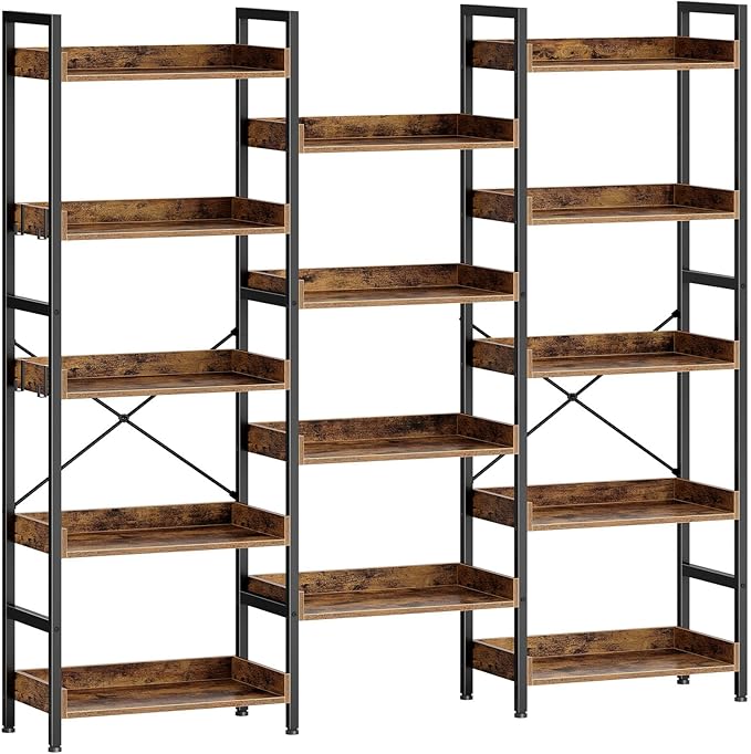 Bookshelf 4 Tiers with 4 Hooks, Triple Bookcase with Open Display Shelves