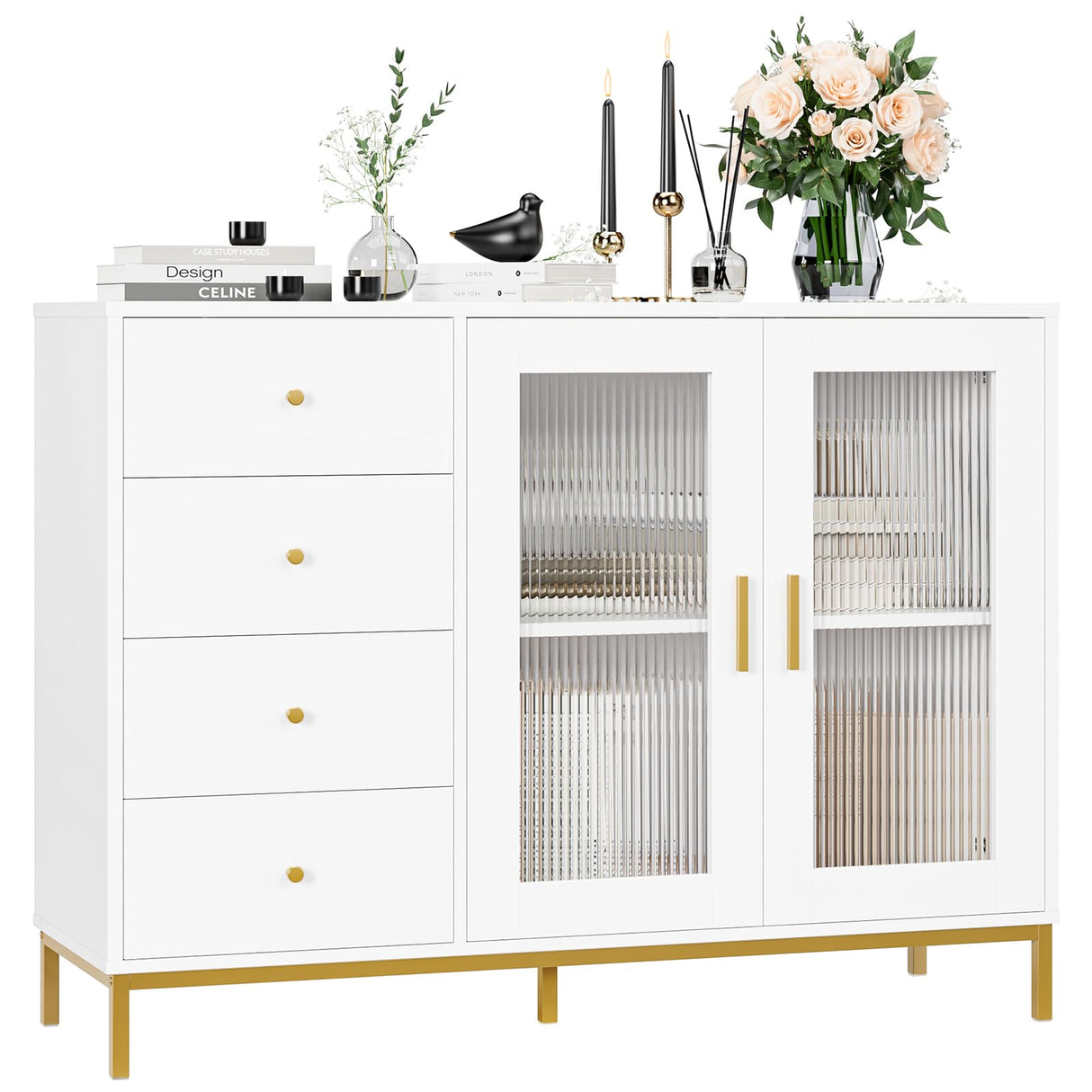 finetones Sideboard Buffet Cabinet with Storage, 47.2" White Gold Kitchen Cabinet with Fluted Glass Doors and Gold Metal Legs,