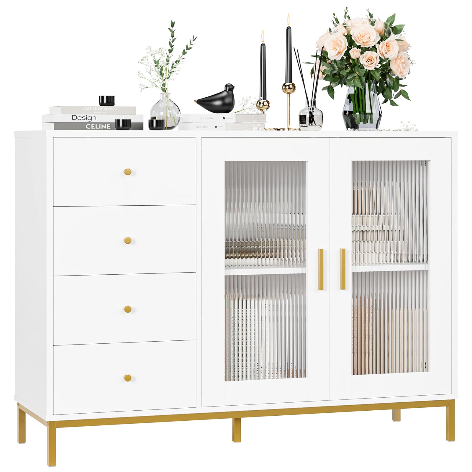 finetones Sideboard Buffet Cabinet with Storage, 47.2" White Gold Kitchen Cabinet with Fluted Glass Doors and Gold Metal Legs,
