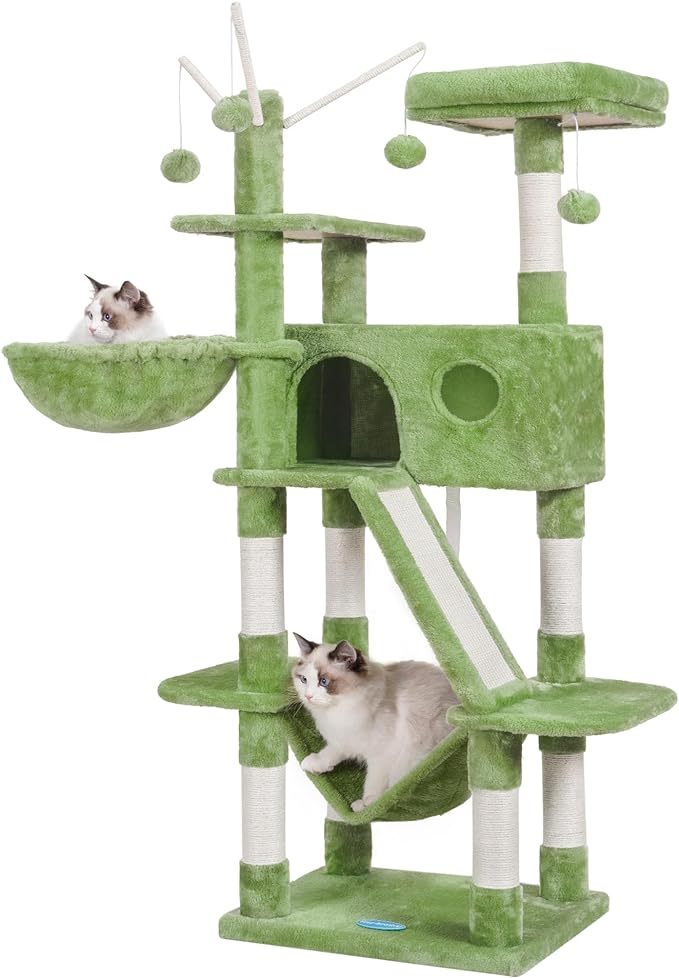 Cat Tree, 57" Cat Tower with Scratching Posts, Multi-Level with hammocks, Toys