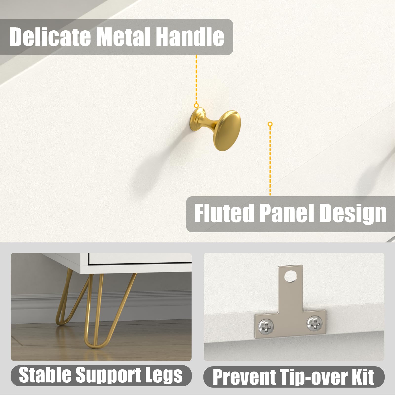 White Dresser for Bedroom, 6 Drawer Dresser with Golden Handles and Golden Legs