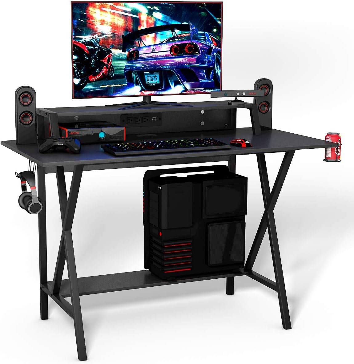 Gaming Computer Desk with Monitor Shelf, Gaming Table Workstation with Cup Holder Headphone Holder