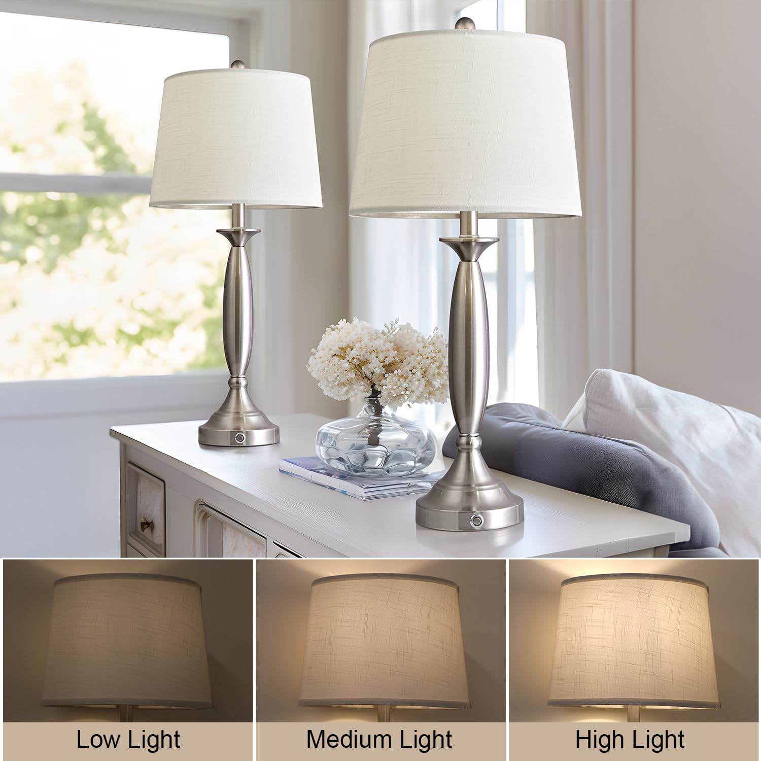 3 Way Dimmable Touch Control USB Table Lamp Set of 2 28“Modern Industrial Metal Bedside