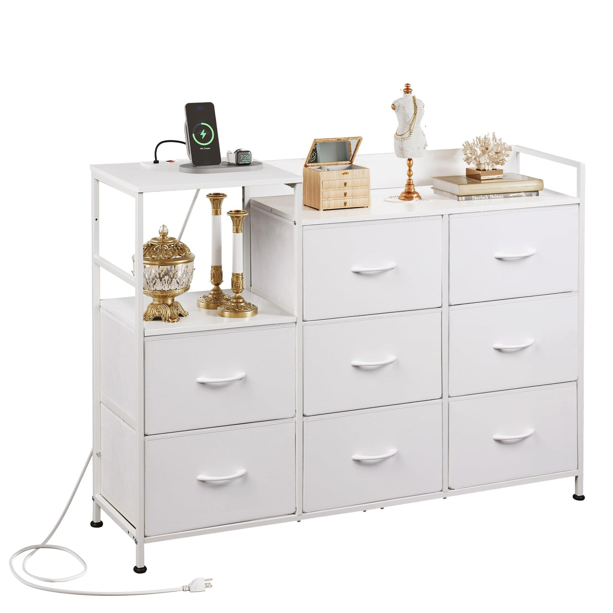 White Dresser TV Stand for Bedroom with Charging Station and Open Shelves, Fabric