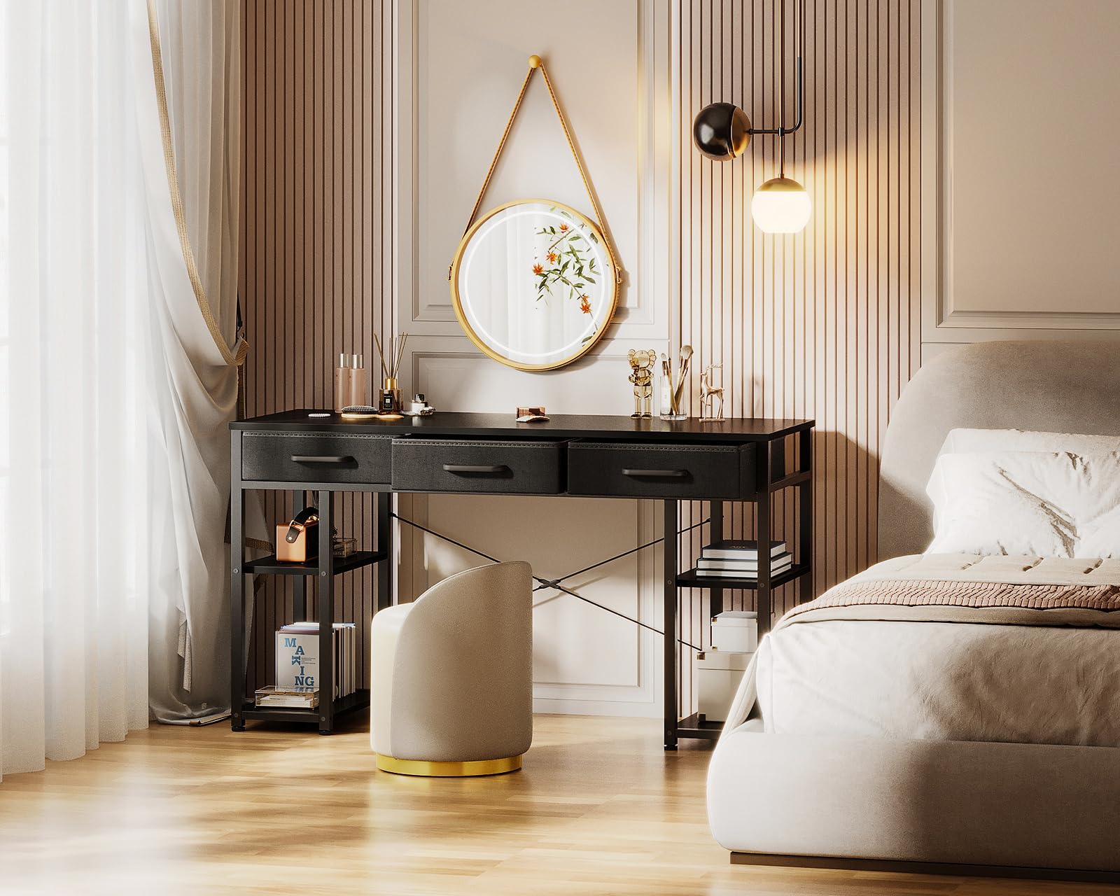 Small Computer Desk: Home Table with Fabric Drawers & Storage Shelves, Modern Writing Desk, Black, 48"x16"