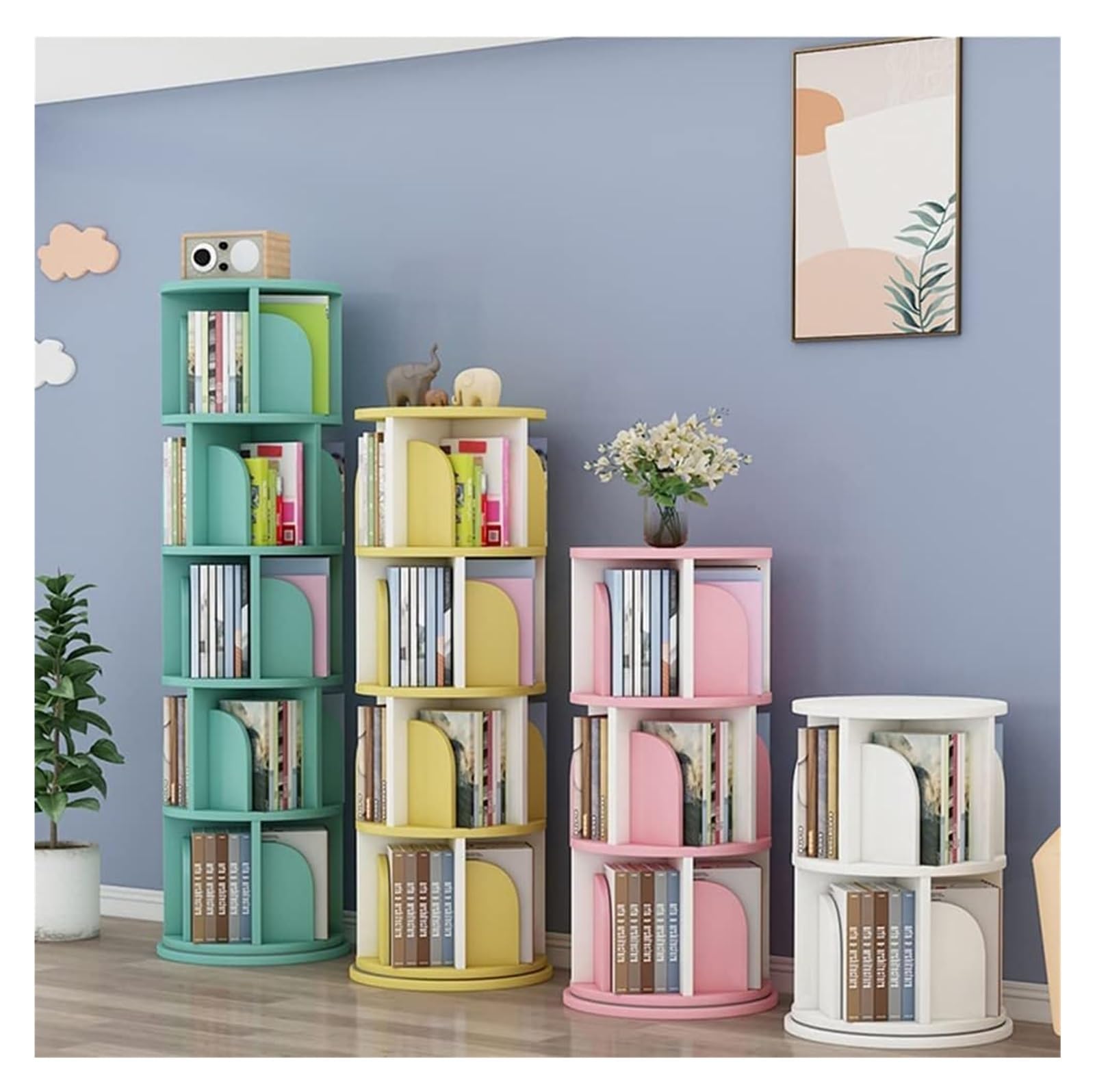 Vertical Bookshelf 4 Tier 360 Revolving Storage Rack, Creative Rotating Bookshelf- Spinning Small Bookcase Great for Bedroom Living Room (Color : Light Green, Size : 50 * 129cm)