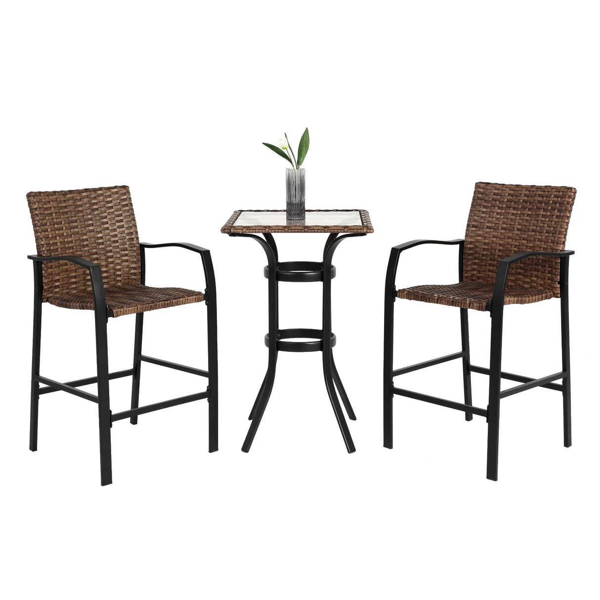 Outdoor Bar Set, 3-Piece Bar Height Patio Furniture with Glass Table & Wicker Bar Chairs