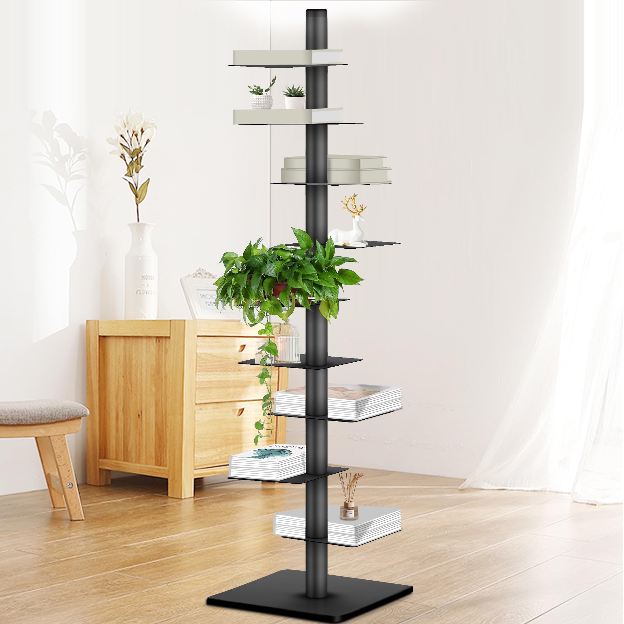 Metal Vertical Bookshelf Tower, Freestanding Invisible Spine Bookshelf, Tall Ladder Bookcase Floating Shelf for Small Spaces, Modern Storage Corner Shelf for Living Room, Office, Bedroom Decor