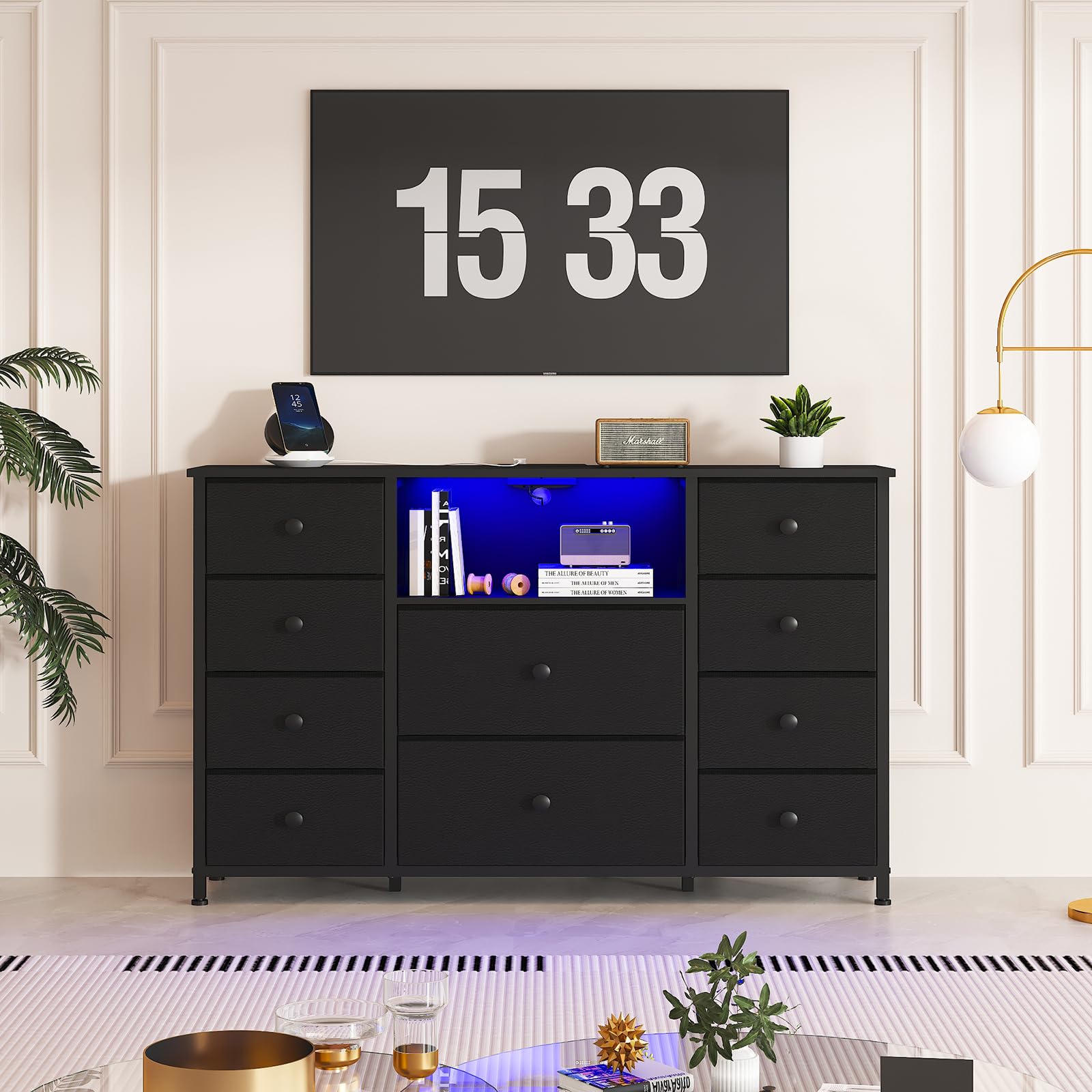 Dresser with Charging Station and LED Lights, Long Dresser