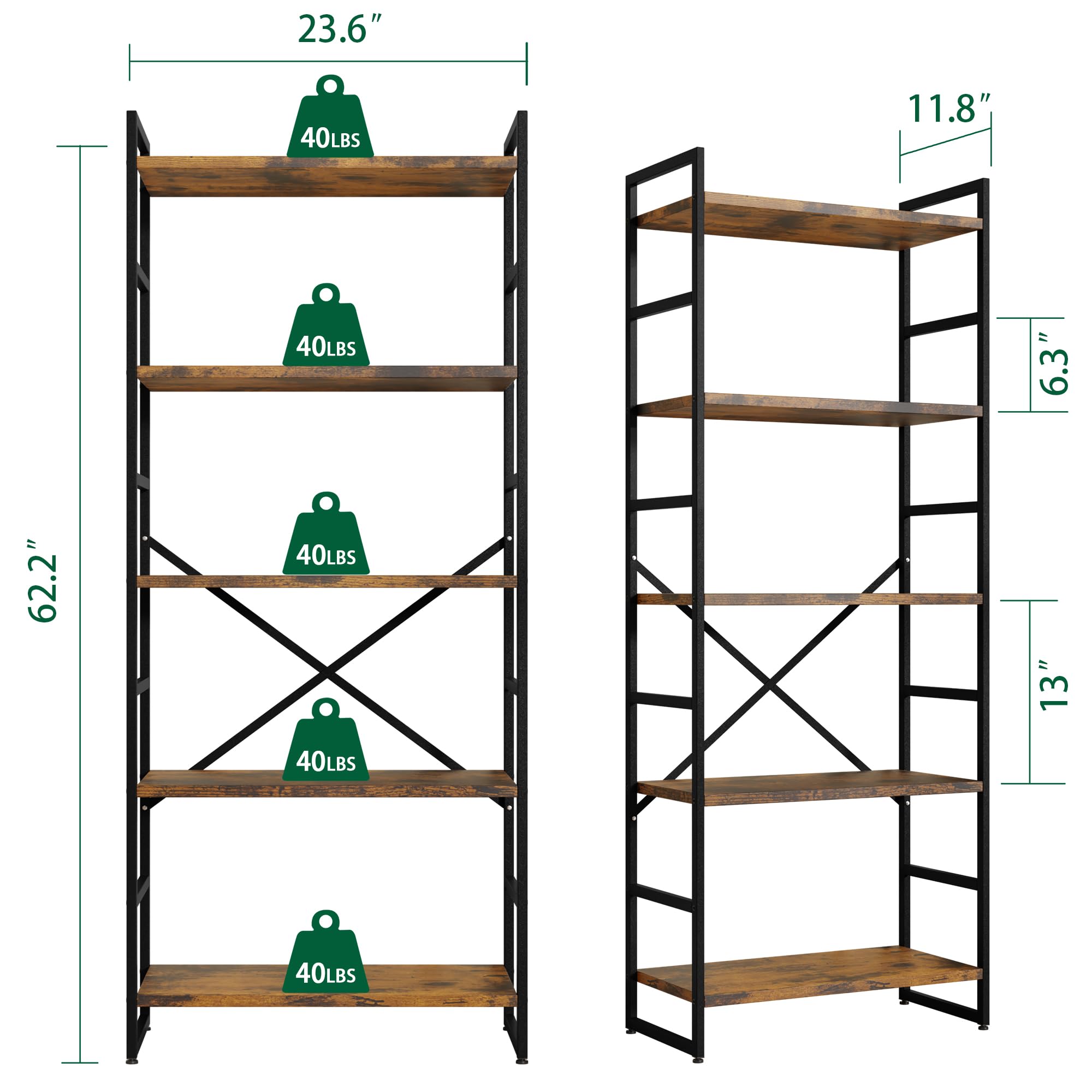 Bookshelf, 5 Tier Bookshelf, Tall Bookcase Shelf for CDs/Movies/Books, Home Office