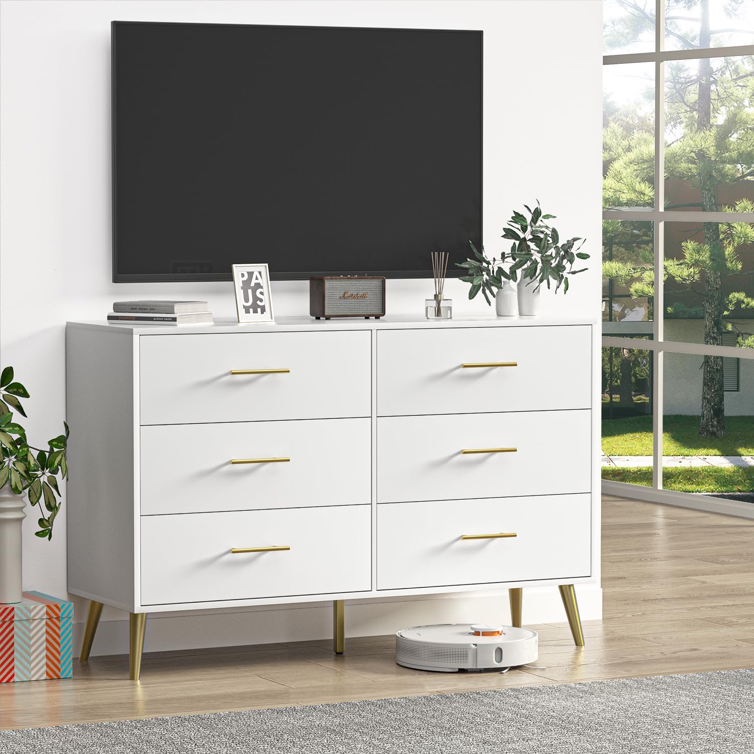 White Dresser for Bedroom, 6 Drawer Dresser