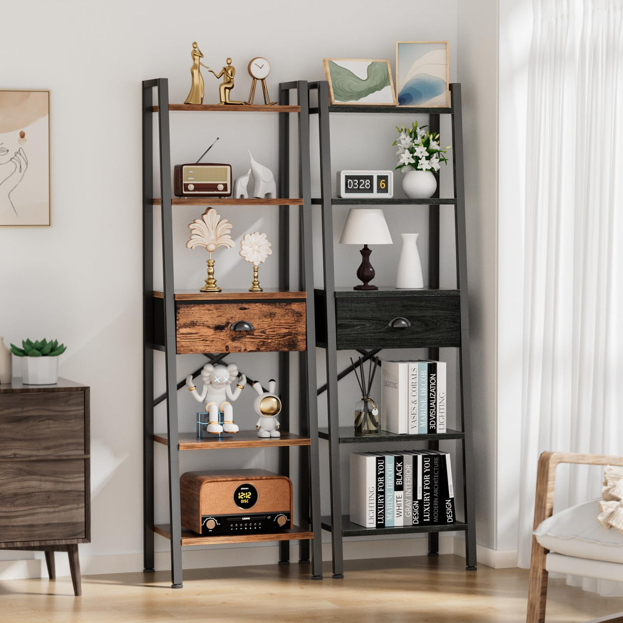 5 Tier Ladder Shelf with Drawer, Tall Bookshelf Storage Shelves, Bookcase Standing Shelf