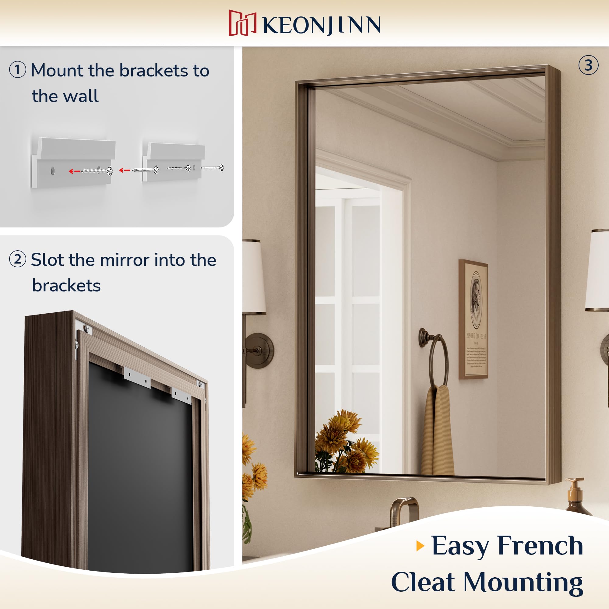 Keonjinn 22 x 30 in Brushed Bronze Framed Mirror for Bathroom, Rectangular Wall Mount Mirror Square Corner, Metal Farmhouse Mirror Modern Rectangle Bathroom Mirror for Over Sink(Horizontal/Vertical)