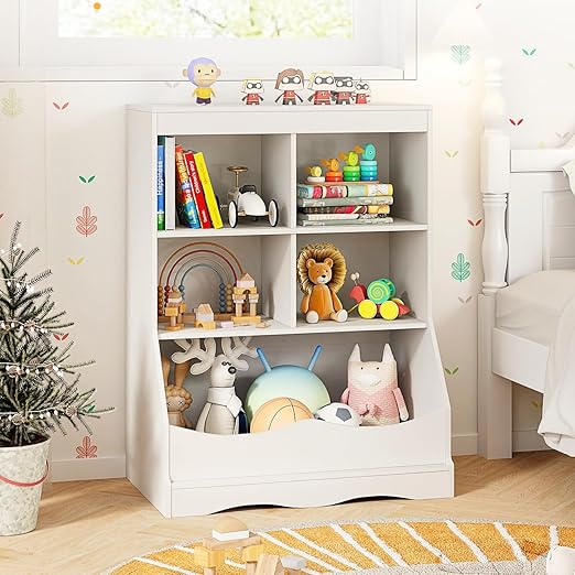 Toy Storage Organizer, 5-Cubby Kids Bookshelf with Footboard and Anti-Tipping