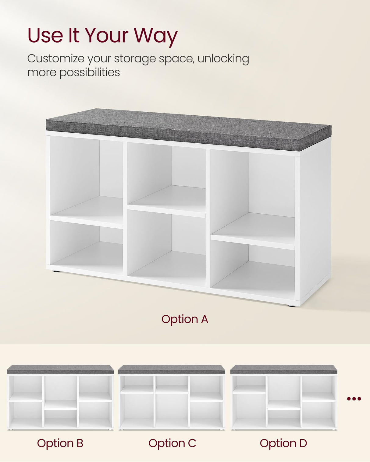 Shoe Bench, Shoe Storage Organizer with 6 Compartments and 3 Adjustable Shelves, Cushioned Seat, Compact and Narrow,