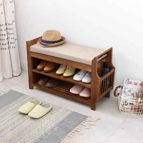 Bamboo Entryway Bench with Hidden Shoe Storage, Umbrella Hook