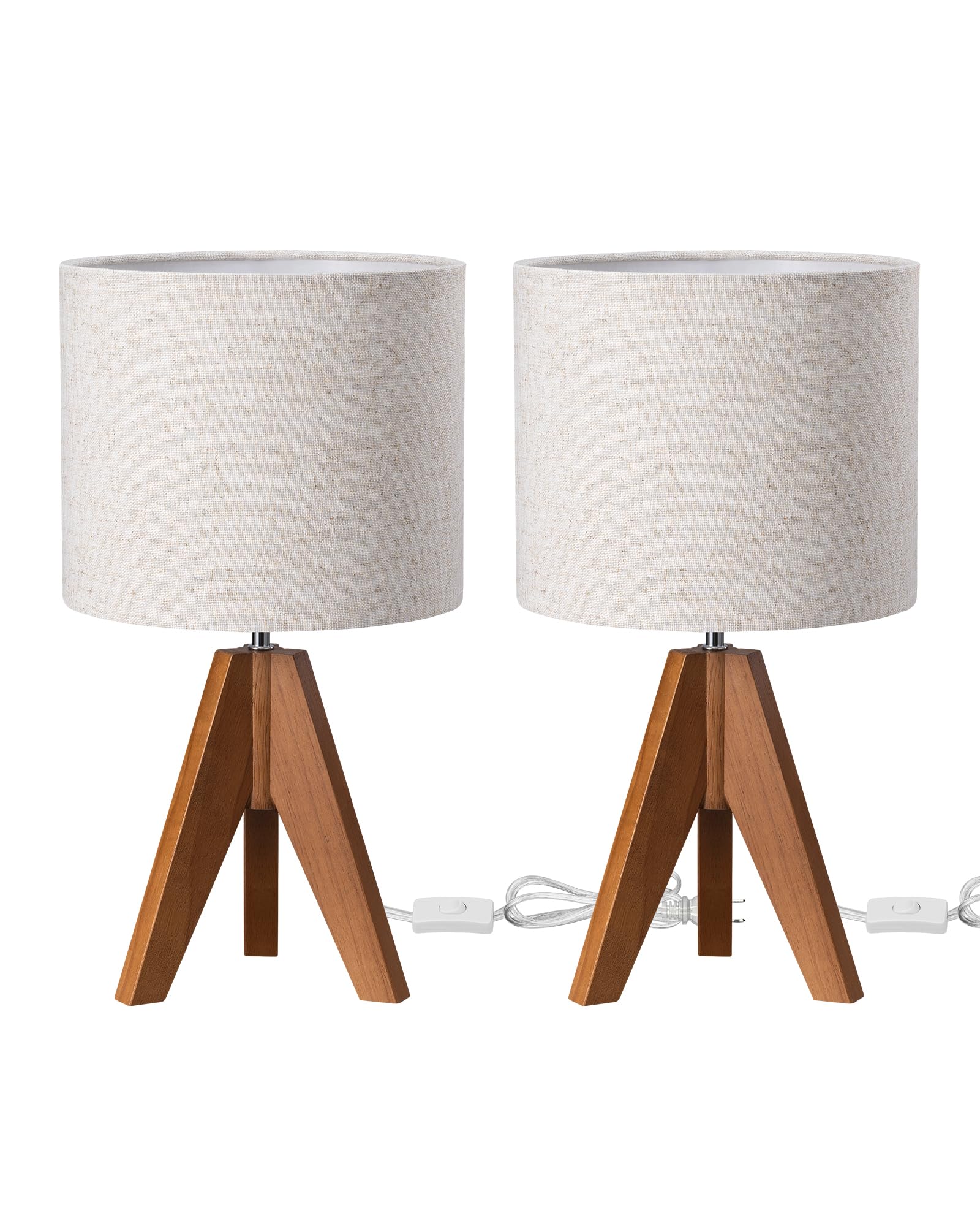 Wooden Tripod Table Lamp with Linen Shade - 14.2" Bedside Nightstand Lamp (2 Pack)