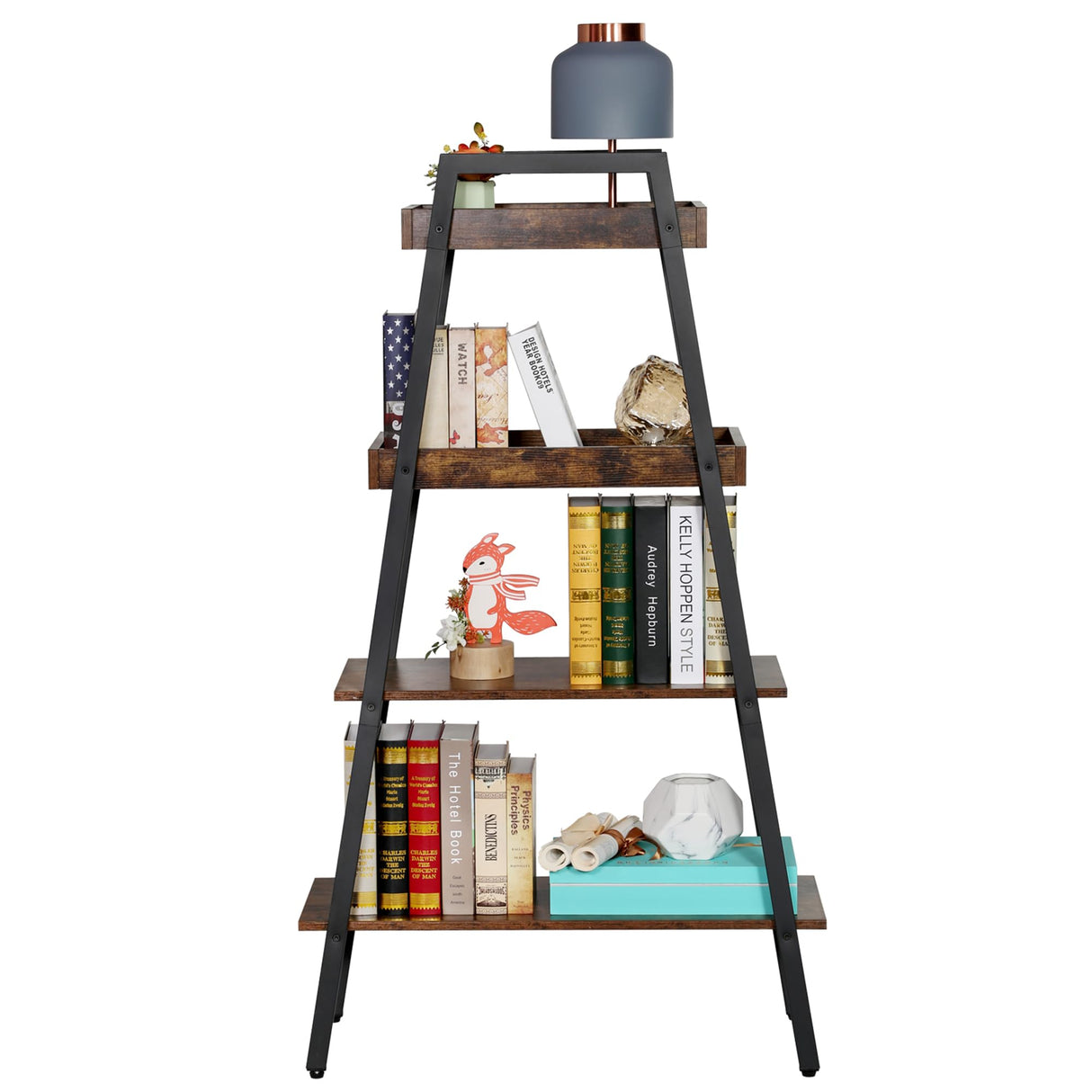 Book Shelf,4 Tier A-Shaped Industrial Wooden Ladder Bookcase Metal Frame with Storage,Open Display,Decorative and Plant Stand for Living Room/Farmhouse/Bedroom/Home Office/Bathroom