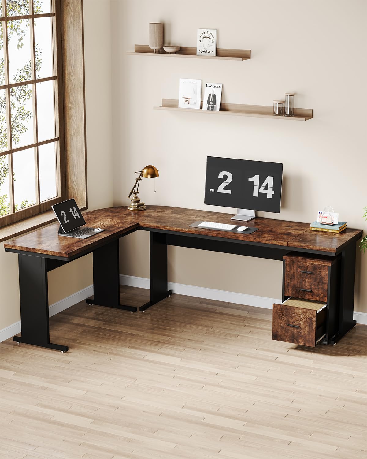 ProWork L-Shaped Executive Desk with Hutch, 5 Shelf Bookcase, and Lateral File Cabinet