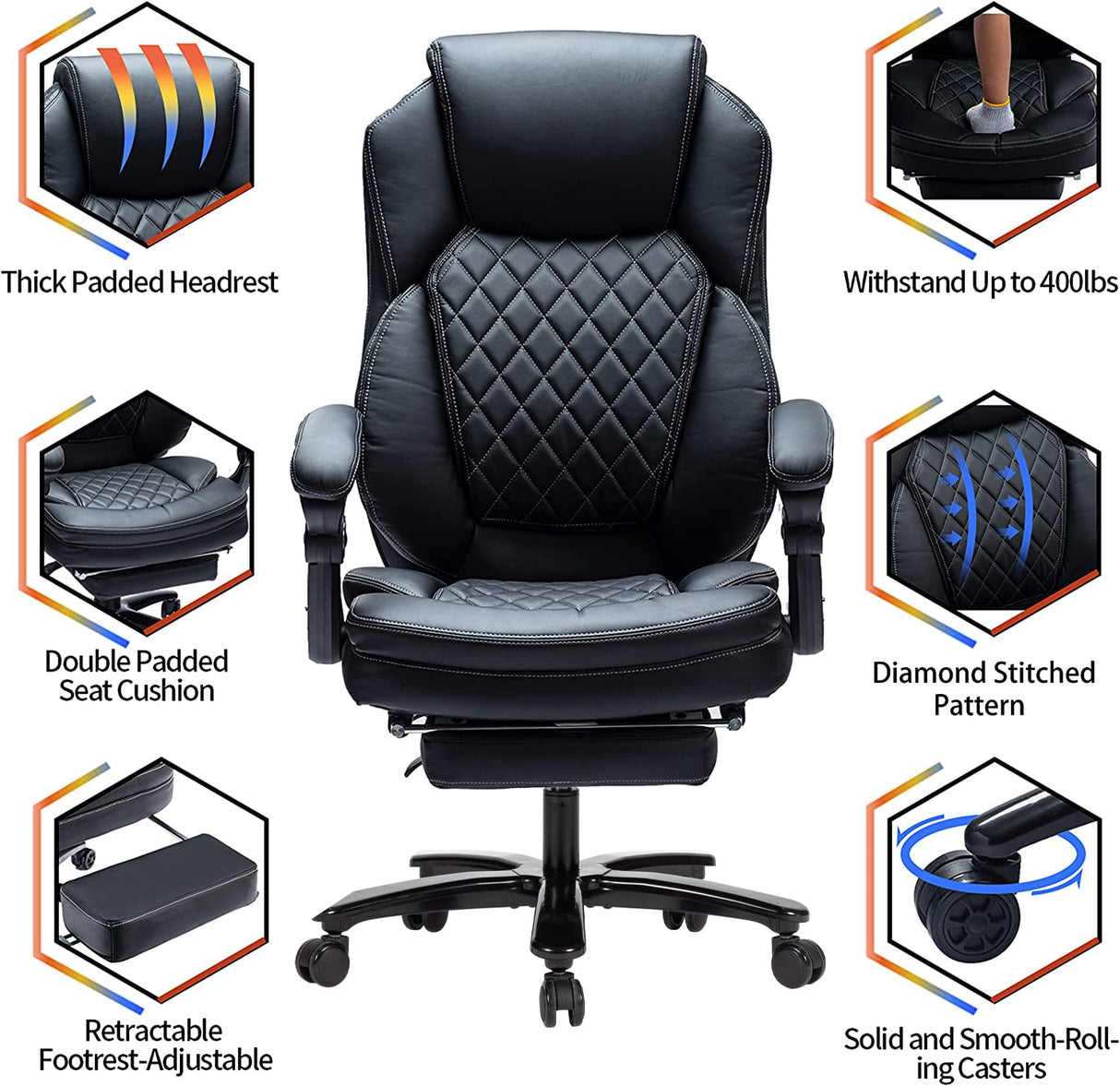 Big and Tall Home Office Desk Chairs for 400lb Heavy People, Ergonomic Reclining Chair